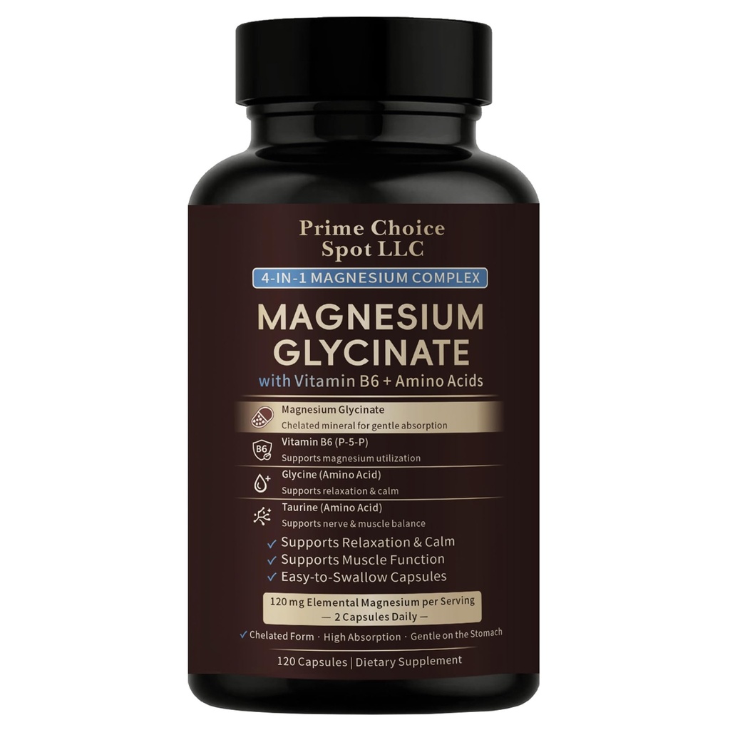 Magnesium Glycinate Capsules 120 Count – Chelated Magnesium Bisglycinate Supplement with Vitamin B6 & Taurine – Supports Relaxation, Calm & Muscle Function