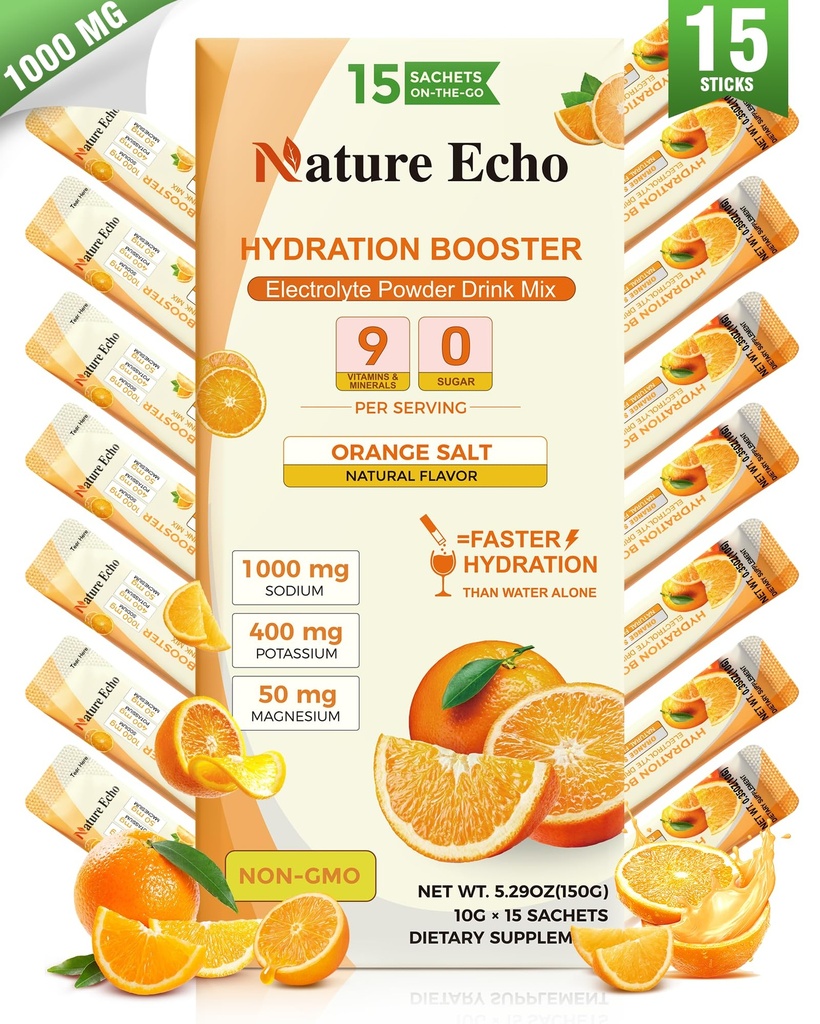 Electrolyte Powder Packets, 1000mg Sodium Oral Rehydration Salts, Sugar Free Hydration Drink Mix for Athletes, Marathoners & Outdoor Enthusiasts, Keto Friendly, Vegan, Gluten Free, Non-GMO(15-Count)