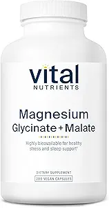 Vital Nährstoffe Magnesium Glycinate + Malate | 120mg Vegan Magnesium Ergänzung für Frauen und Männer | Muskel, Herz, Knochen Unterstützung* | Fördert Entspannung | Gluten, Dairy und Soy Kostenlose | 200 Kapseln