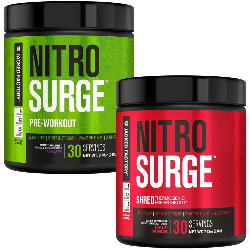Jacked Factory Nitrosurge PreWorkout in Grape & Fruit Punch Nitrosurge Shred Thermogenic PreWorkout für Männer & Frauen
