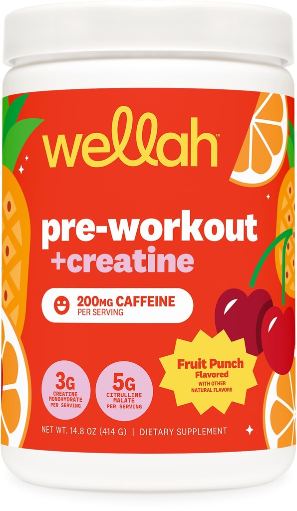 Wellah Pre-Workout + Creatine Powder (30 Servings) Fruit Punch - 200mg Caffeine, 3g Creatine Monohydrate, 5g Citrulline Malate, Pre-Workout with Creatine Supplement