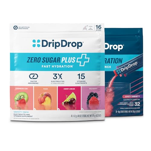DripDrop Hydration - Zero Sugar Plus & Juicy Variety - Electrolyte Powder Drink Mix - Strawberry Kiwi, Peach, Cherry Limeade, Wild Berry, Grape, Fruit Punch, Strawberry Lemonade, Cherry - 48 Sticks