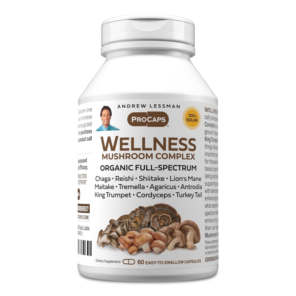 ANDREW LESSMAN Wellness Mushroom Complex 60 Capsules - Organic Full Spectrum Blend of 11 Mushrooms - Supports Overall Health and Vitality - No Additives. Mushroom Complex Supplement