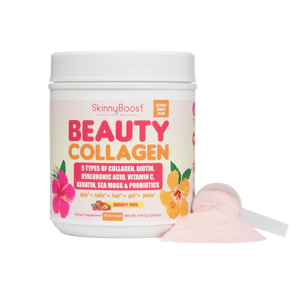 Beauty Collagen Powder-5 Arten von hydrolysierten Collagen, Sea Moss, Biotin, Keratin, Hyaluronsäure, Vitamin C und Probiotics–Hair, Haut, Nägel- All Natural, Made in USA-45 Servings- Mixed Berry