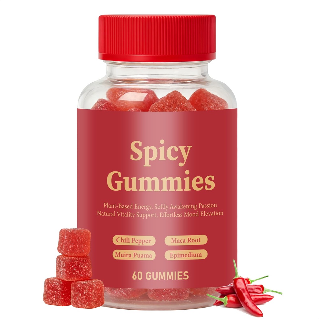 Spicy Gummies, Intimacy Gummy with Muira Puama, Chili Pepper, Maca & Epimedium for Promote Hormone Balance, Vegan, Peach Flavor (60 Count/Bottle)