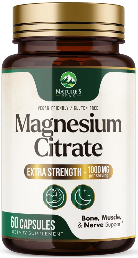 Magnesium Citrate 1000mg - High Absorption Magnesium Supplement unterstützt Muskel, Knochen, Nerve & Heart Health - Extra Strength Magnesio Complex Pillen - Non-GMO, Premium Energy Formula - 60 Kapseln