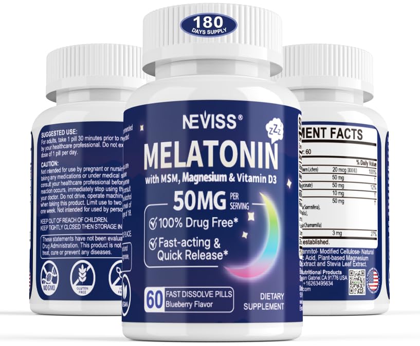 Melatonin 50 mg für Erwachsene - Extra Strength 9-in-1 Fast Dissolve Sublingual - w/Vitamin D3 & MSM, Relaxing Herbal Blend-Ashwagandha, Lemon Balm, Passionflower,Chamomile,Sugar Free, Vegan 180 Servierungen