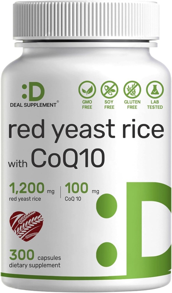 Deal Supplement Red Yeast Rice 1.200mg Pro Servieren mit CoQ10, 300 Kapseln – Antioxidant-Unterstützung – Pure Monascus Purpureus Powder Source – Citrin Free, Non-GMO