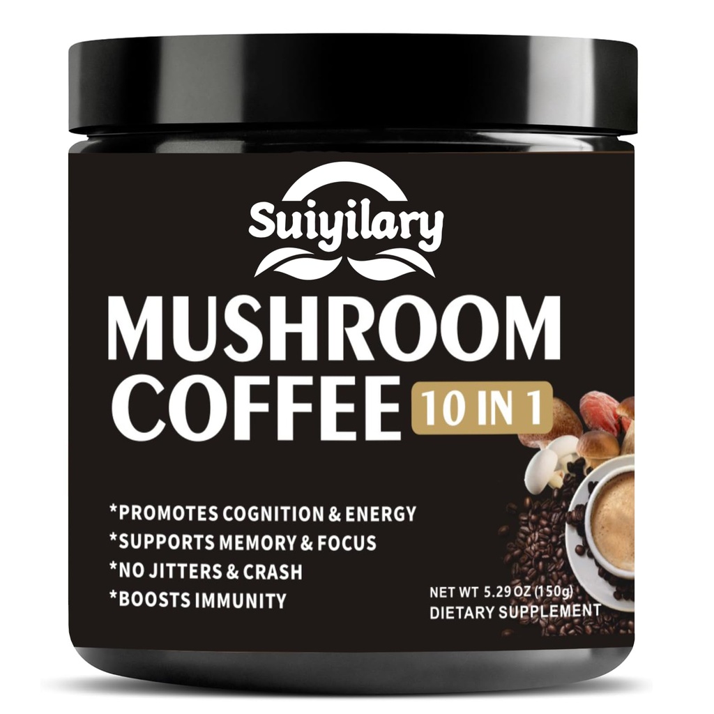 Pilz Kaffee, 10 Pilz-Extrakt Pulver Mischung Lion's Mane, Reishi, Chaga, Cordyceps, Türkei-Tail, Gehirn-Ergänzungen mit Instant Kaffee für Energie, Fokus, Gedächtnis und Immunität 150g