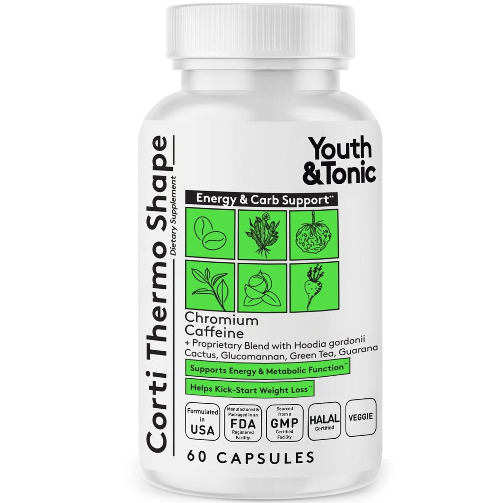 Youth & Tonic Corti-Thermo Shape 60 Capsules Advanced Diet Pills as Support for Energy Metabolism Focus Cravings for Men and Women with Caffeine Chromium Glucomannan Guarana Hoodia Gordonii I