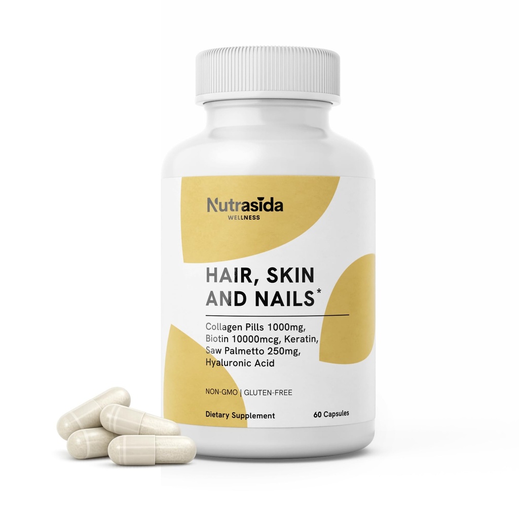 Hair Skin and Nails Supplement Multi Collagen Peptides 1000mg, High Potency Biotin 10,000mcg Keratin, Hyaluronic Acid & Saw Palmetto Non-GMO & Gluten Free Support for Men & Women 60 Capsules