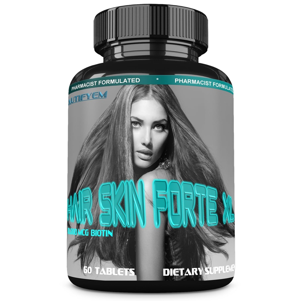 Hair Skin Forte XL Hair & Skin Growth Complex 10,000 mcg Biotin + Collagen Peptides Promotes Thicker, Stronger, Healthier Hair & Radiant Skin Women's Hair Growth Supplement 60 Tablets
