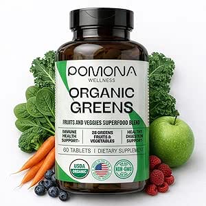 Pomona Wellness Super Greens Supplement, Voll von Superfood Vitamine & Minerals, Obst & Gemüse, Grüns Pulver für Bloating und Digestion, Gut Health, USDA Organic, Non-GMO, 60 Tabletten