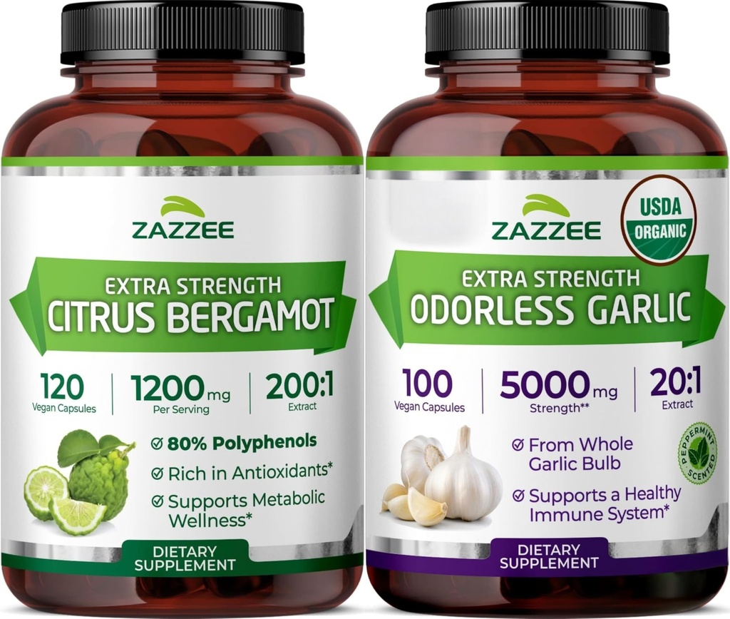 Zazzee Herbal Healthy Heart Support Bundle | Antioxidant Rich USDA Organic Odorless Garlic Extract with 200:1 Citrus Bergamot Capsules | Non-GMO Vegan & ISO Lab Tested