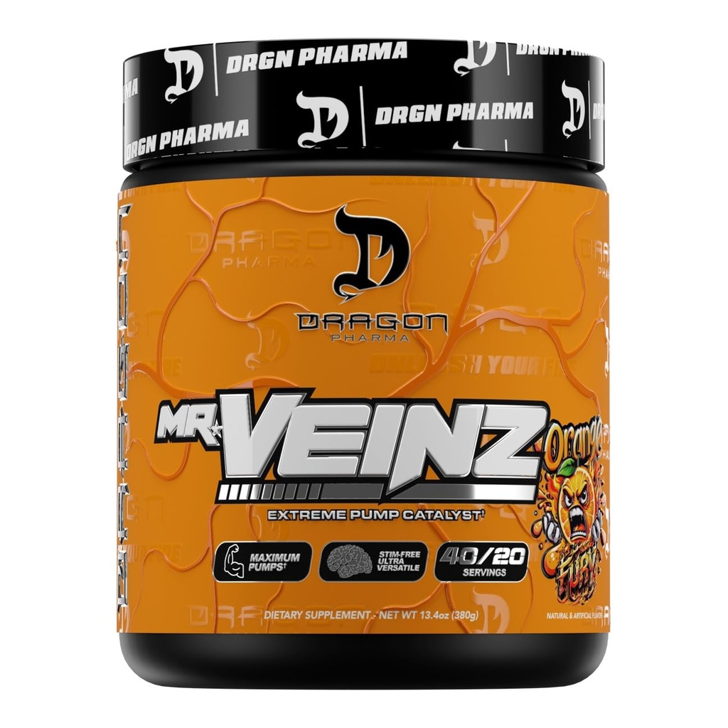 Dragon PHARMA Mr. Veinz Stim Free Pre-Workout, Extreme Pump & Nootropic Catalyst, Maximize Pumps via Vasodilation & Cell Volumization, Stimulant-Free Formula for Focus (40 Servings, Orange Fury)