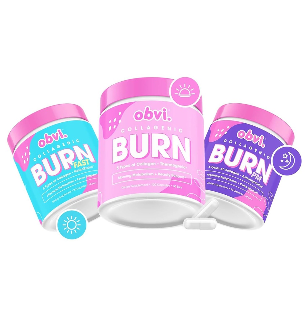 Obvi Burn Bundle – 24-Hour Support System with 5 Types of Collagen for Wellness, Recovery, and Vitality – Hydrolyzed Collagen Peptides, Green Tea Extract, and Ashwagandha for Overall Health