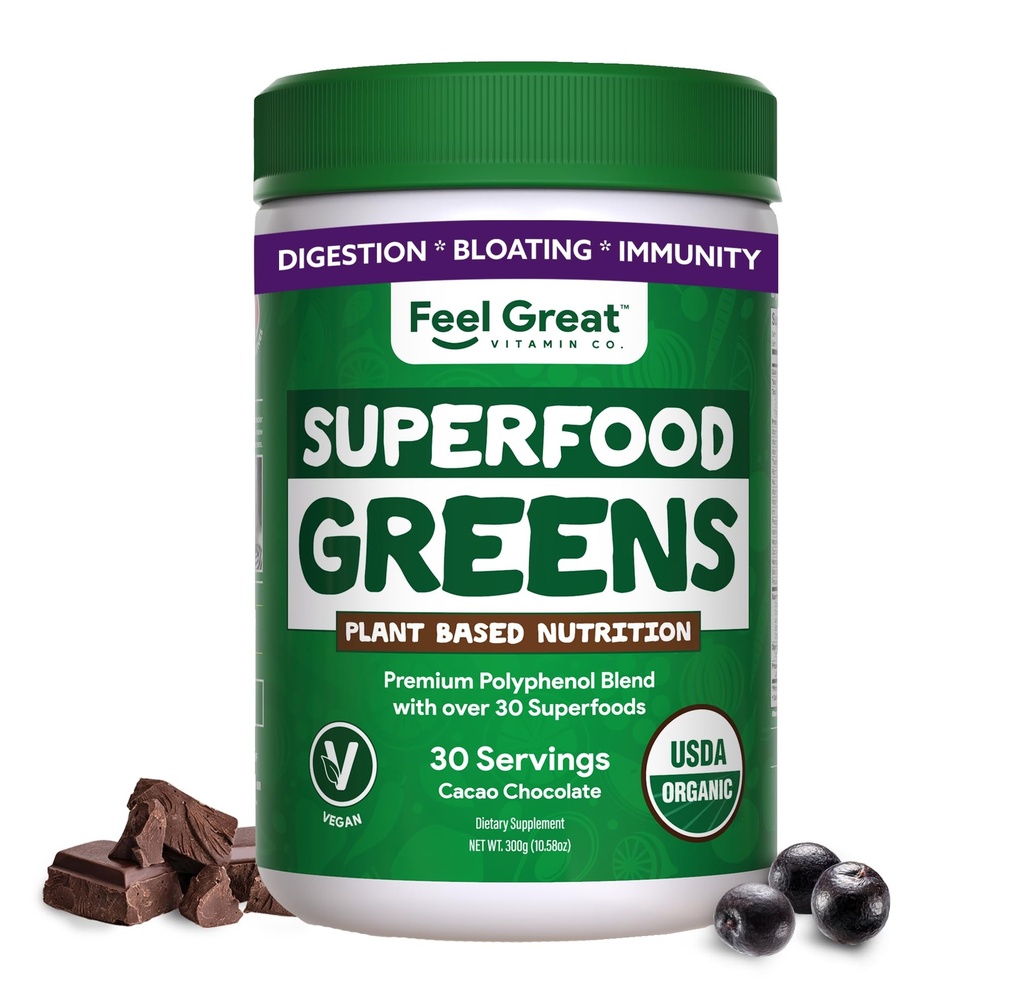 Spüren Sie Great Organic Superfood Greens Powder - Kakao Schokolade | Obst & Gemüse-Ergänzung | Über 20 Grüne, Früchte & Gemüse, Fiber, Probiotics & Verdauungsenzyme | 30 Servietten