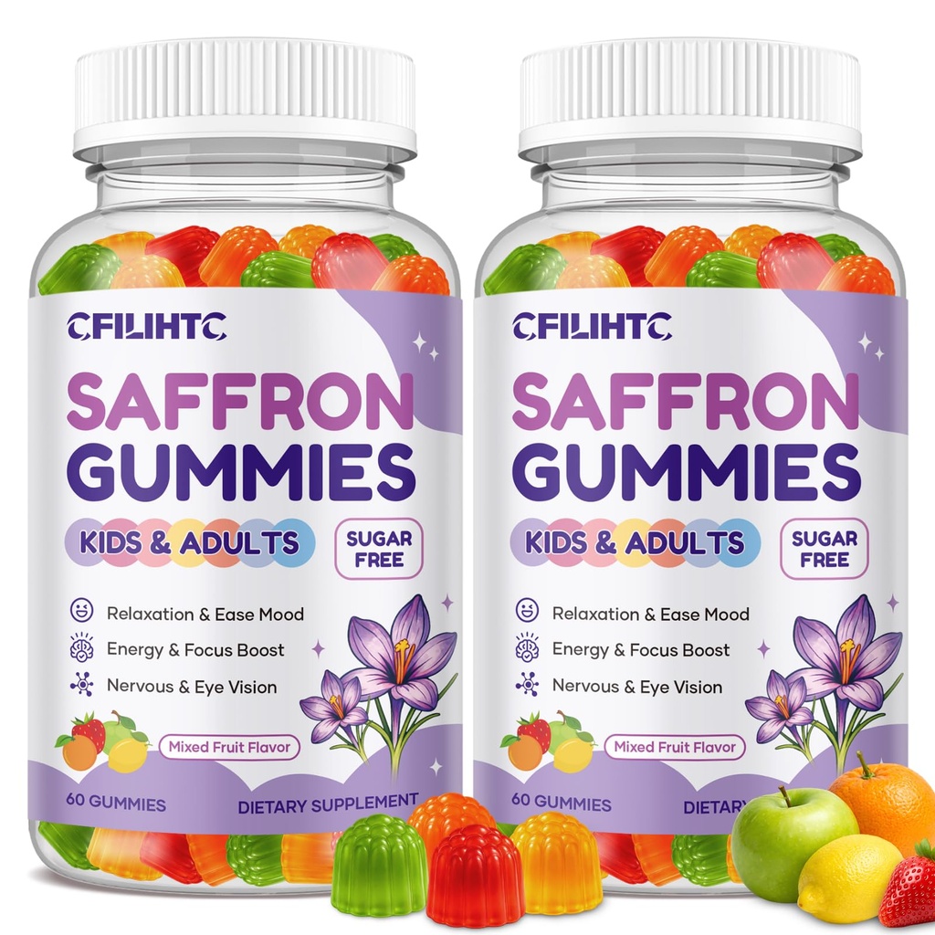 Saffron Gummies for Kids & Adults, 20-in-1 Saffron Supplements with 88.5mg Saffron Extract, B6, B12, C, D3, Magnesium for Calm, Focus, Nerve, Sugar Free, Vegan, Non-GMO, Mixed Fruit Flavor, 120 Counts