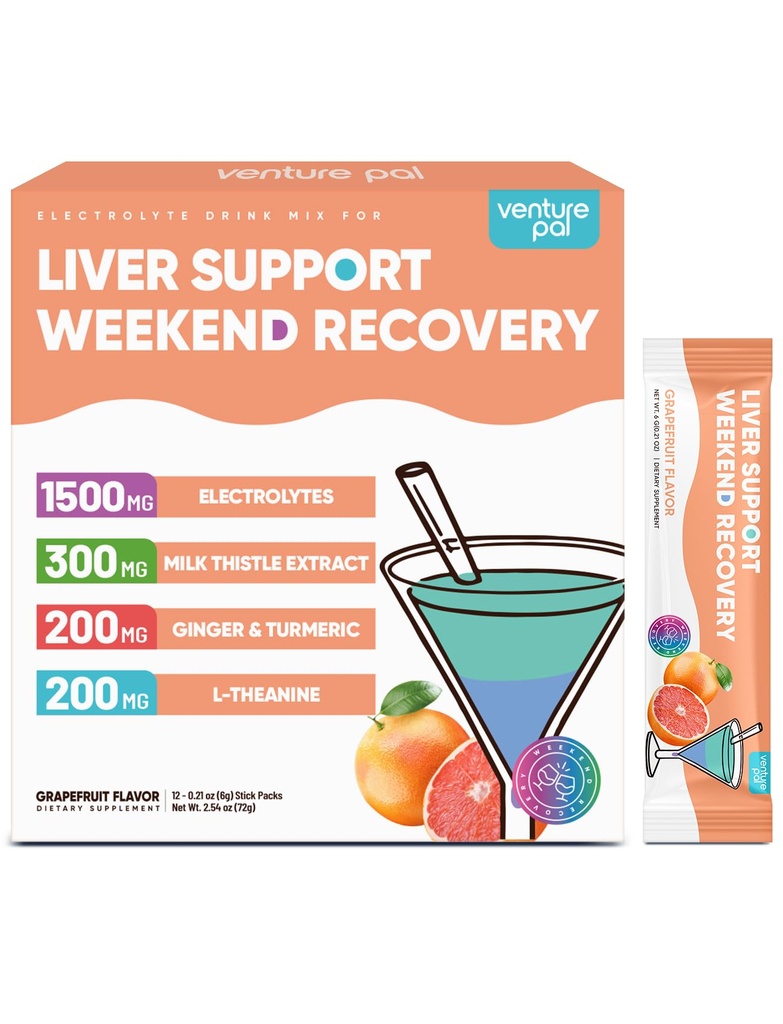 Venture Pal Liver Support Electrolyte Powder, Milk Thistle + Ginger & Turmeric, Sugar-Free & Gluten-Free, Grapefruit, 12 Sticks