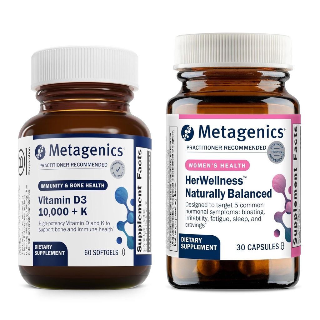Metagenics Vitamin D3 + K + HerWellness Naturally Balanced - For Immune Support, Bone Health & Heart Health - Vitamin D with MK-7 (Vitamin K2) - Non-GMO - Gluten-Free - 60 Softgels - 5,000 IU + Hormon