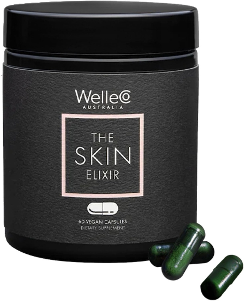 WelleCo Die Haut Elixir Greens Pulver Kapseln mit Zink, Turmeric, Essential Skin Food, unterstützt Collagen Formation, Gluten Free & Vegan Glowing Skin Supplement, Firmness & Elastizität, 60 Kapseln