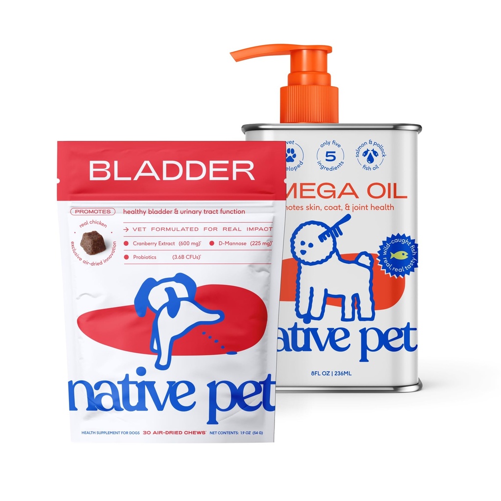 Native Pet Urinary & Omega Wellness Bundle: Bladder Chews for Dogs (30 Air-Dried Chews) & Omega Oil for Dogs (8 Oz) - UTI Treatment & Prevention + Fast-Absorbing Omega 3 6 9 Supplement