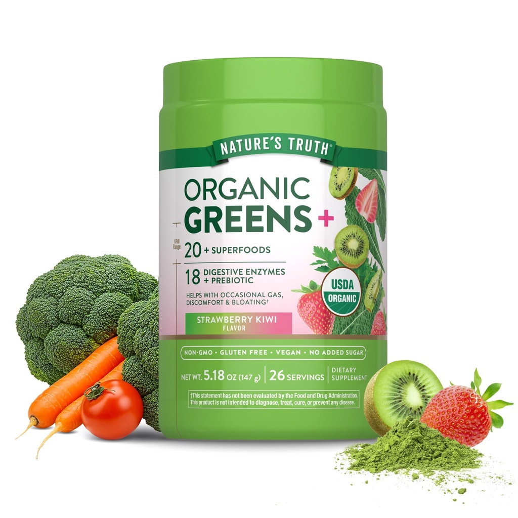 Nature's Truth Organic Greens Powder | 20 Plus Superfoods | 5.18 Oz | Digestive Enzymes & Prebiotic Blend | Strawberry Kiwi Flavor | Vegan, Non-GMO & Gluten Free Supplement