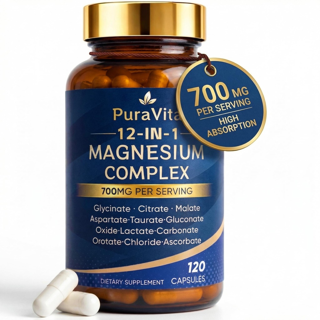 Puravita 12 in 1 Magnesium, Magnesium Complex for Women Men, 700mg High Absorption, Glycinate, Citrate, Malate, Oxide, Taurat, Relaxation & Energy Support, Vegan 120 Capsules (A)