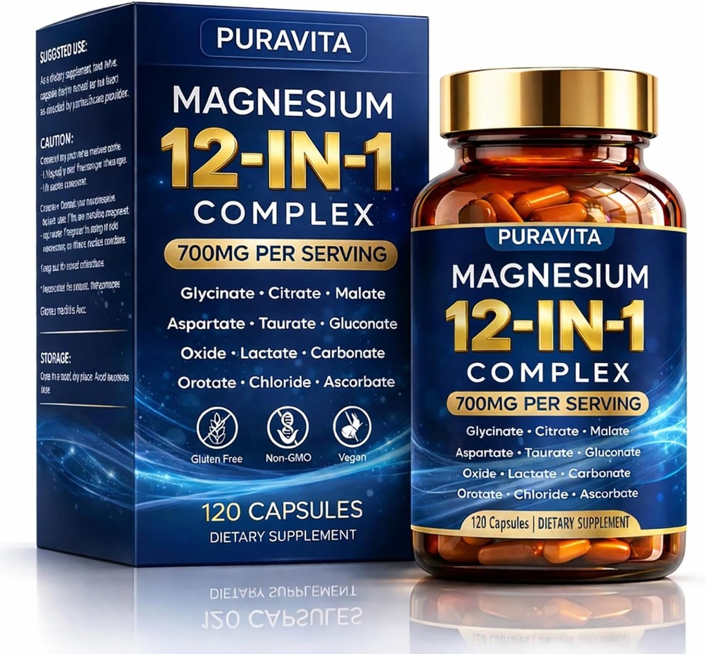 Puravita 12 in 1 Magnesium Complex Capsules - 700mg High Absorption Blend with Glycinate, Citrate, Malate, Oxide & Taurate. Supports Muscle Function, Nerve Health & Relaxation - 120 Capsules (1)