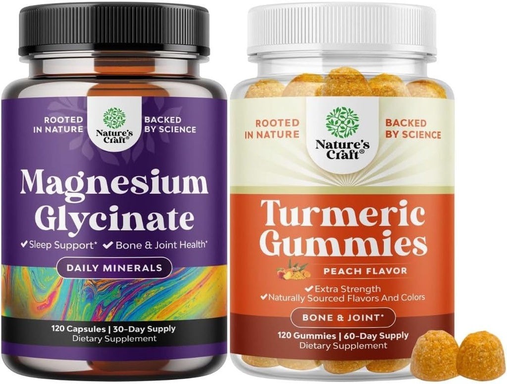 Bundle of Pure Magnesium Glycinate 400mg Pro Serviving for Mood Sleep and Relaxation and Turmeric Gummies for Adults Peach Flavor - Extra Strength Joint Support