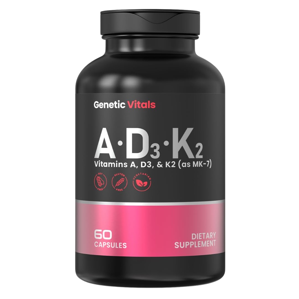 ADK - Dietary Supplement with Vitamins A, D3 & K2 (MK-7) – Supports Bone Strength, Heart & Immune Health – Vegetarian Gluten-Free – 60 Capsules