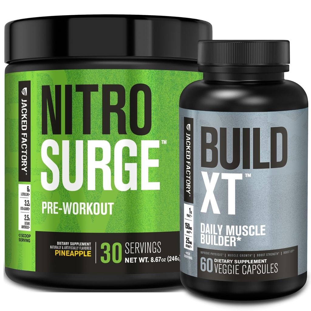 Jacked Factory Nitrosurge PreWorkout in Ananas & Build XT Muskelaufbau Bundle für Männer & Frauen
