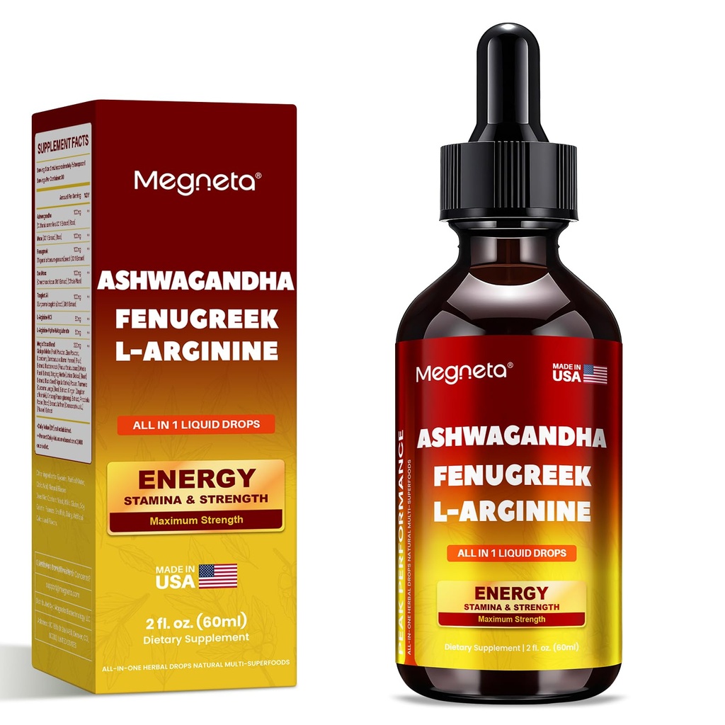 Liquid & Ashwagandha Drops – with Fenugreek & L-Arginine – Herbal Energy & Vitality Support Supplement – 2 fl oz