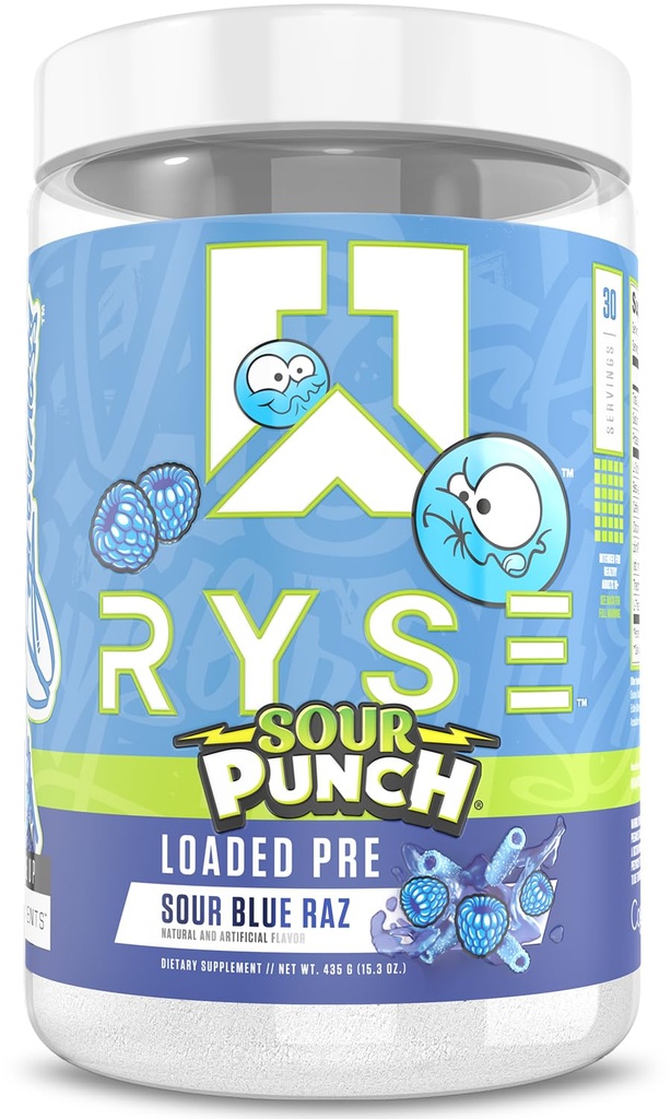Ryse Loaded Pre Workout Powder - Sour Punch Blue Raz - Daily Pre-Workout for Men & Women with 300mg Caffeine, Beta Alanine, and Citrulline for Pump, Focus, and Energy - 30 Servings