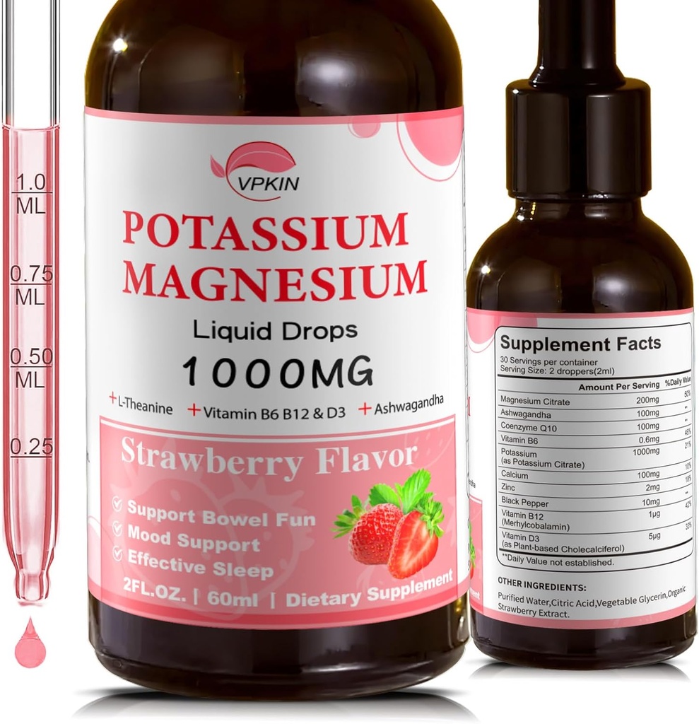 Kalium-Magnesium-Zitrat-Ergänzung,Magnesium-Flüssigtropfen mit Magnesium-Glycinat 1000mg mit Ashwagandha, Zink,Support Clam & Support Immunsystem (Strawberry,2 FL.OZ.)