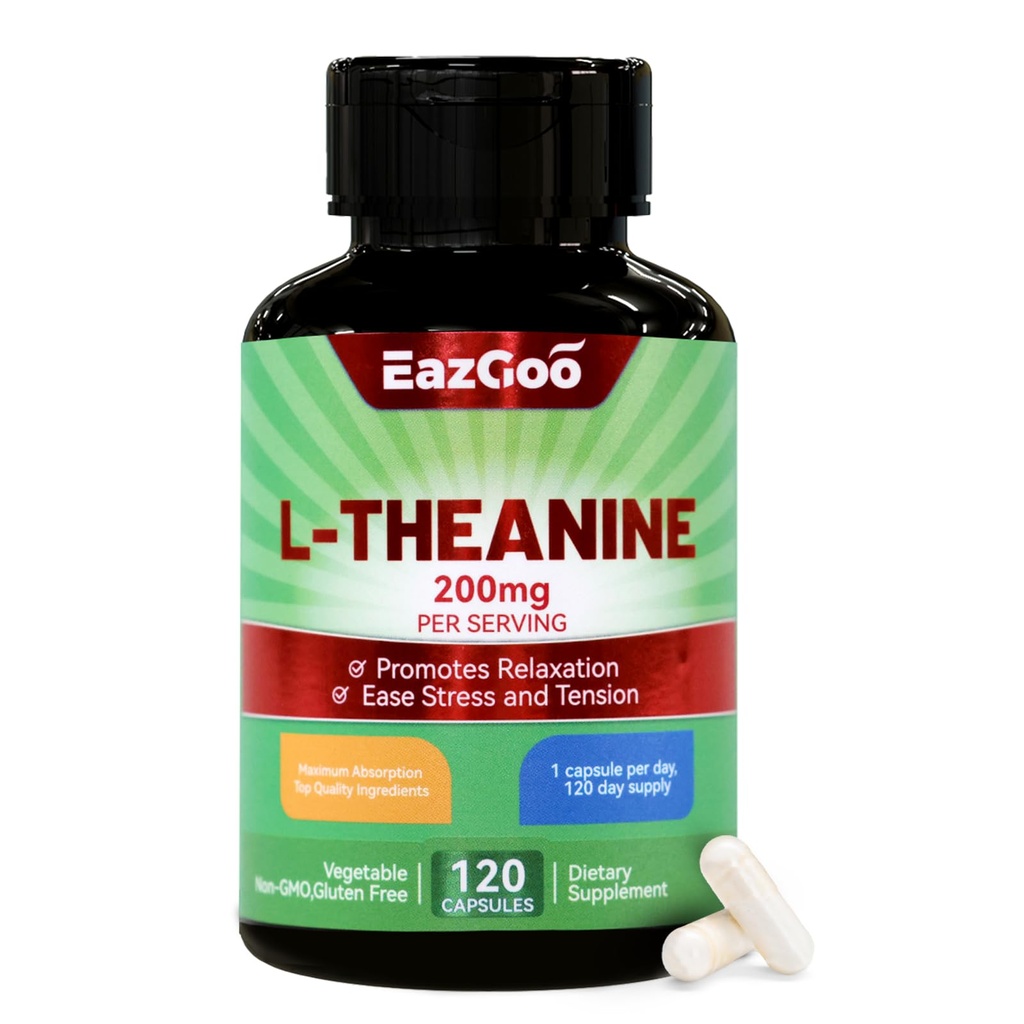 L-Theanin 200mg, Aminosäure-Ergänzung zur Unterstützung von Entspannung, Stress, L-Theanin-Kapseln - Nicht-GVO, glutenfrei, 120 Veg-Kapseln