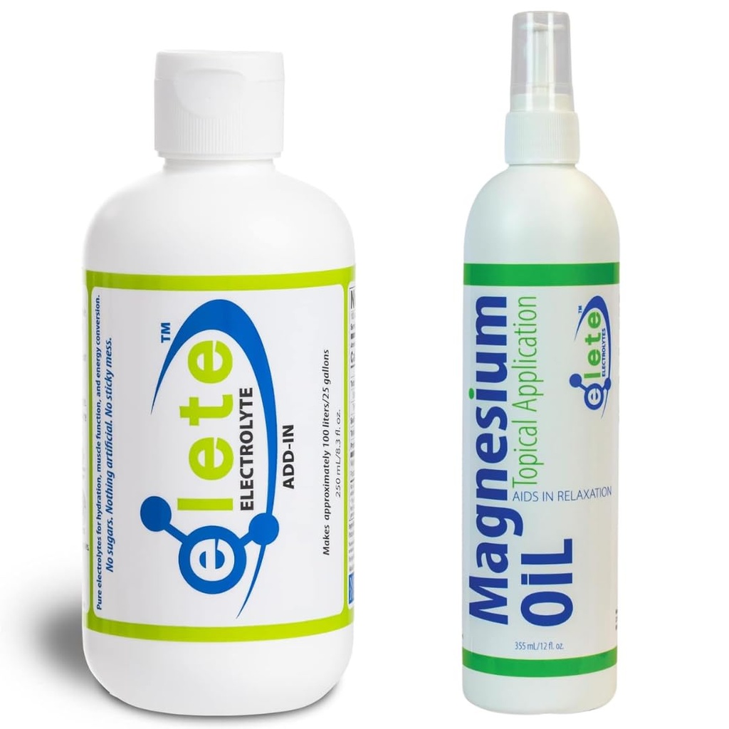 elete Muscle Recovery Combo - Electrolytes 8.3 oz Bottle & Big 12 oz Magnesium Oil Spray Bottle