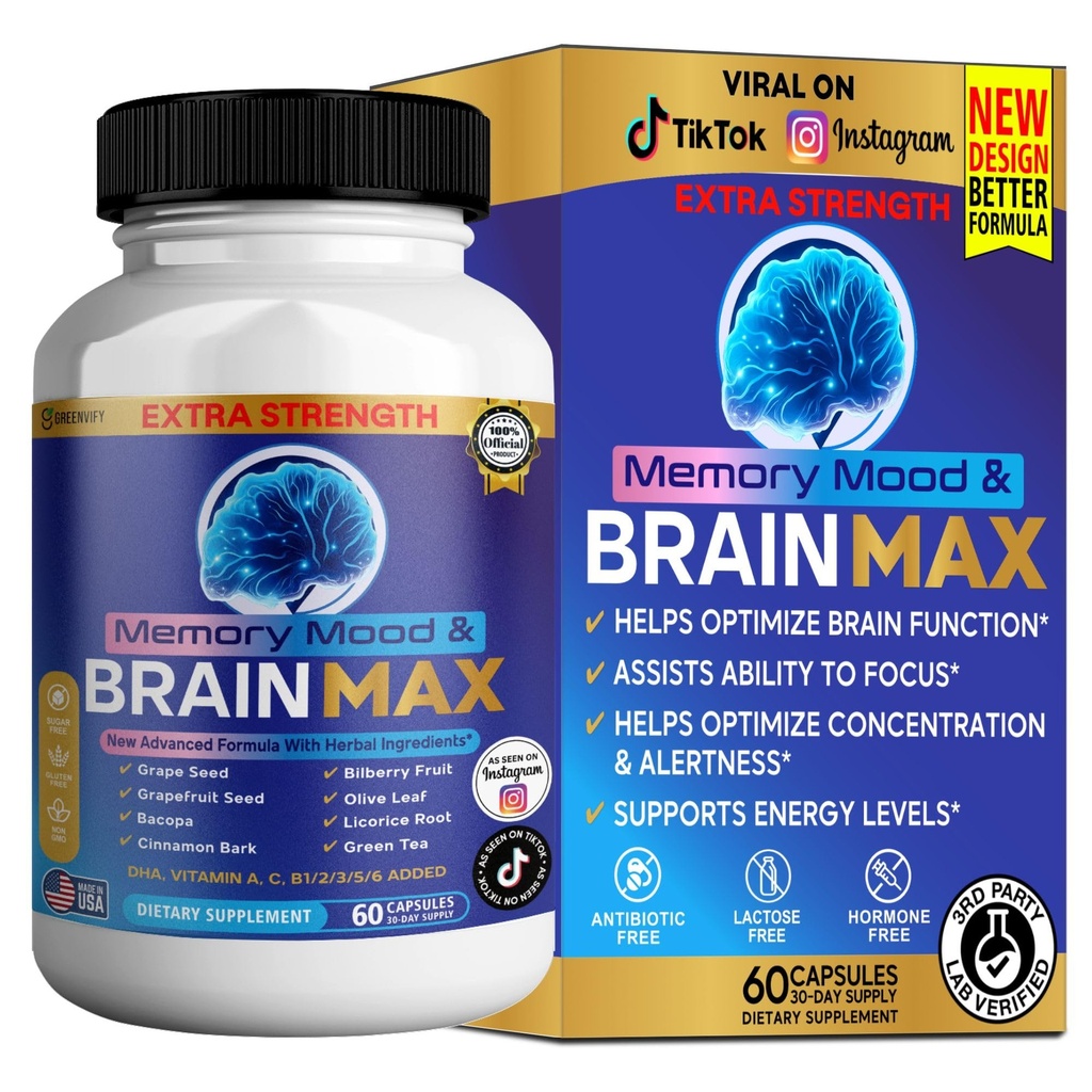 Memory, Mood & Brain Max Extra Strength Supplement with Herbal Ingredients, 60 Capsules, DHA, Vitamins, Bacopa, Green Tea (1)