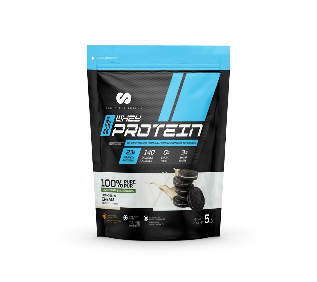 Limitless Pharma Pure Whey Protein | High Protein Whey Concentrate Powder | 23g Protein, 6g BCAAs, Gluten Free, Low Sugar, Low Carb, Low Lactose | 65 Servings, 5LB (Cookies N' Cream)