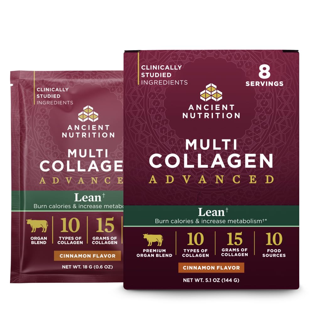 Ancient Nutrition Advanced Hydrolyzed Collagen Peptides Powder Protein Lean with Probiotics and Vitamin C, Cinnamon, for Women & Men, Supports Healthy Weight Management & Muscle Building, 8 Packets