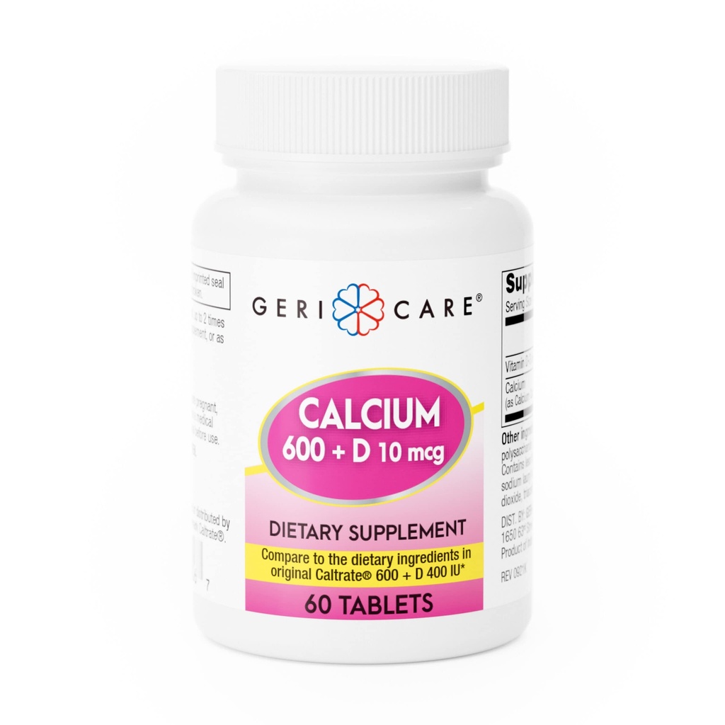 GeriCare Calcium 600mg - Vitamin D 10mcg Tablets - Bone Health - Nutritional Supplement, 60 Count (Pack of 1)