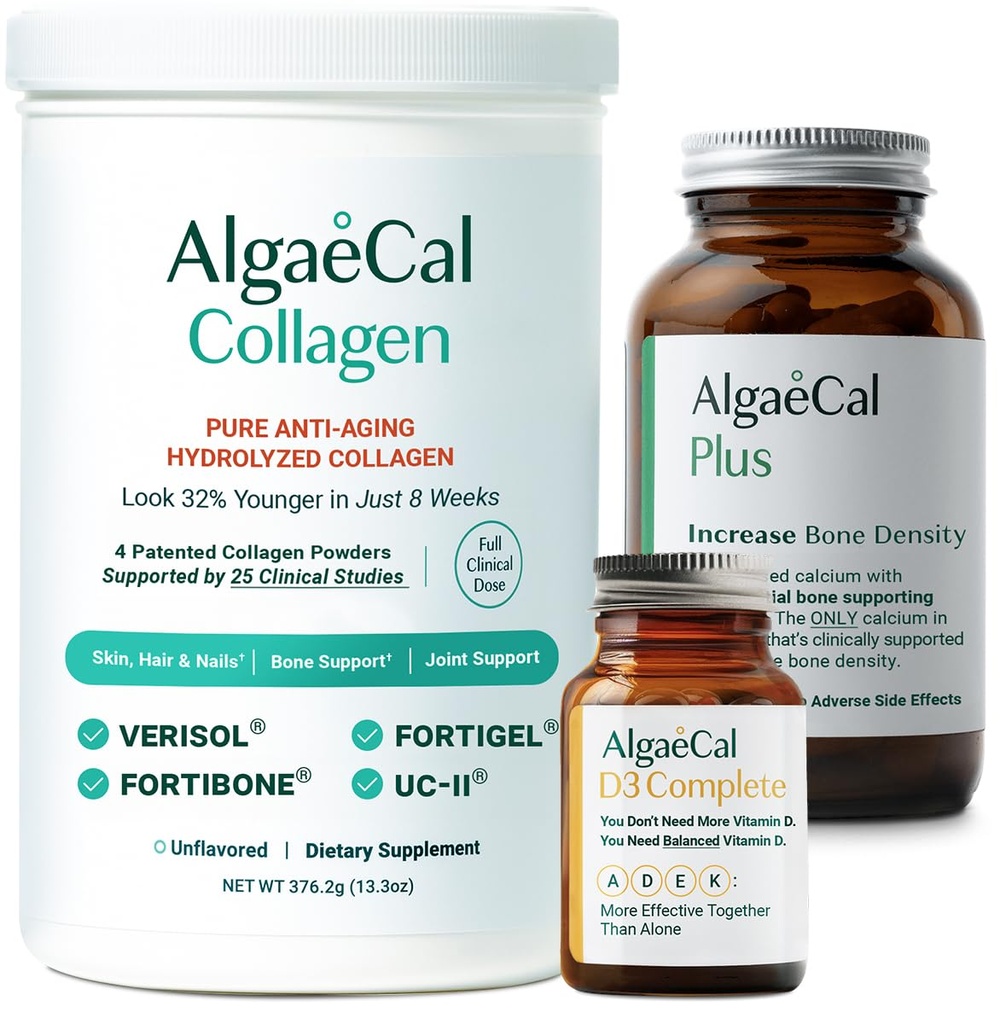 ALGAECAL Calcium, Vitamin D3 & Collagen Bundle – Hydrolysiertes Kollagen mit klinisch unterstütztem Verisol, Fortibone & Fortigel, Plus Calcium, Vitamin ADEK, & Trace Minerals für Knochengesundheit & Anti-Aging