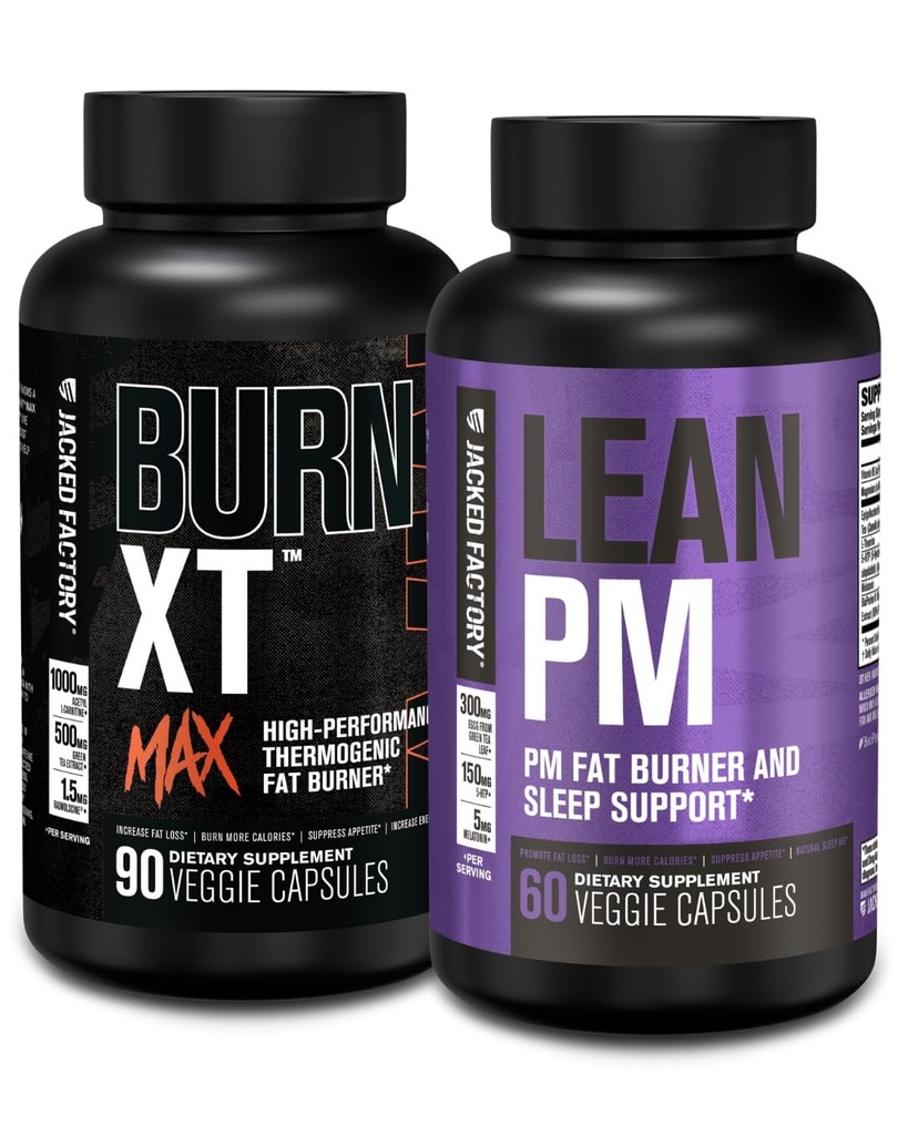 Jacked Factory 24/7 Fat Burner Stack - Burn XT MAX High Performance Fat Burner (90 Kapseln) - Lean PM Nighttime Sleep Support für Weight Loss und Appetite Suppression (60 Kapseln)