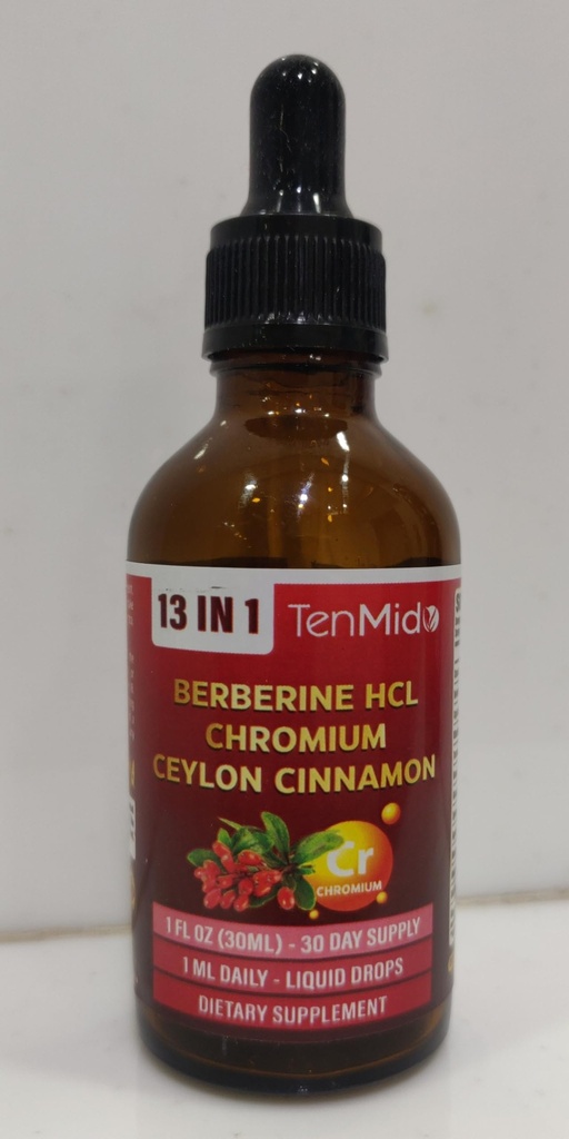 13in1 Berberine Liquid Drops with Chromium, Ceylon Cinnamon, Bitter Melon, Turmeric, Green Tea, Ginseng, Sylvestre, Moringa, Apple Cider Vinegar & More - 30 Days Supply - 1FL Oz