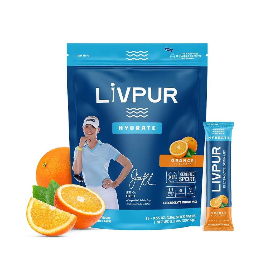 LIVPUR Electrolyte Drink Mix, Instant Hydration Powder, 15 Sticks, Essential Amino Acids, Vitamins C, B6, B12, Sports Drink Mix (Orange Flavor)