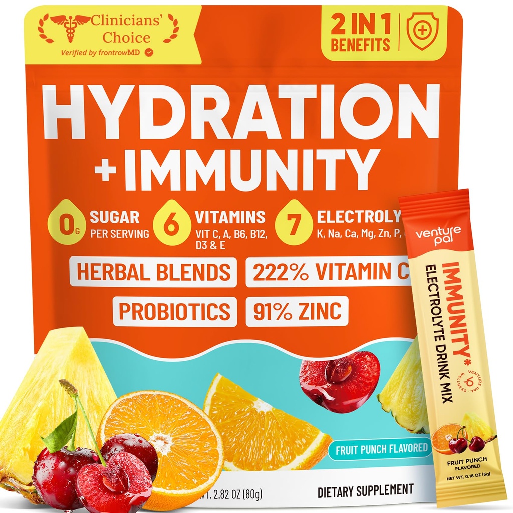 Venture Pal 2-in-1 Hydration + Immune Electrolytes Powder Packets with 7 Electrolytes & 6 Vitamins, Elderberry, Turmeric, Echinacea | Liquid Daily IV Drink Mix | Sugar Free | Keto Friendly, 16 Sticks