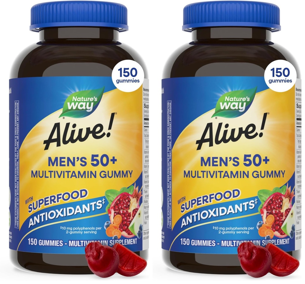 Nature's Way Alive! Men’s 50+ Daily Gummy Multivitamins, Supports Healthy Brain, Eyes, Heart*, B-Vitamins, Gluten-Free, Fruit Flavored, 150 Gummies (Packaging May Vary), (Pack of 2)