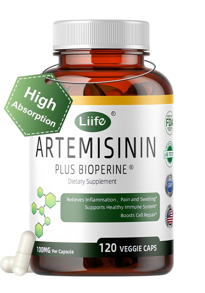 LIIFE Artemisinin (from Sweet Wormwood) with Bioperine, 100mg — Supports Immune System, Cellular Health, and Enhanced Absorption, Non-GMO, 120 Vegetarian Capsules
