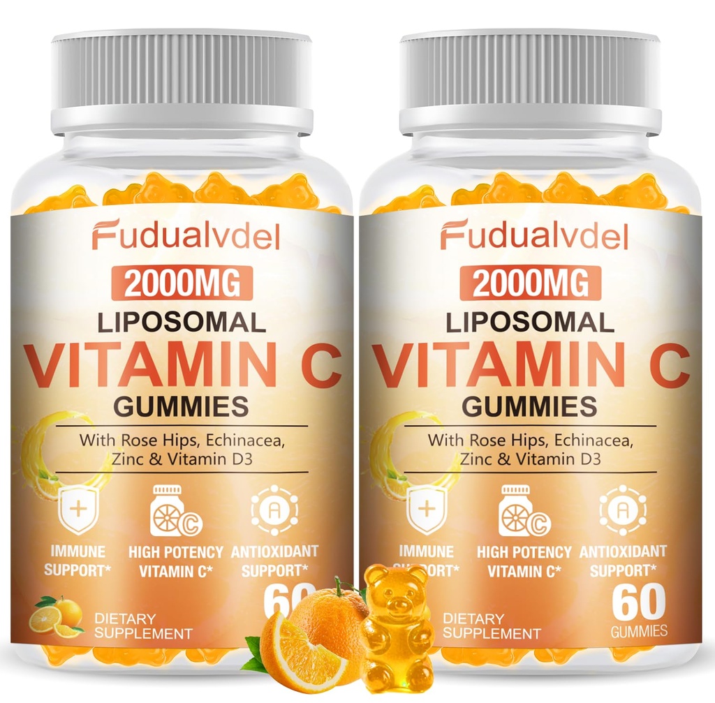 2 Pack 2000mg Liposomal Vitamin C Gummies for Adults & Kids Immune Support, Antioxidant & Collagen Booster Complex with Rose HIPS, 5000IU D3 ,Elderberry, Echinacea, Iron & Zinc, Orange Flavor, 120 Cts