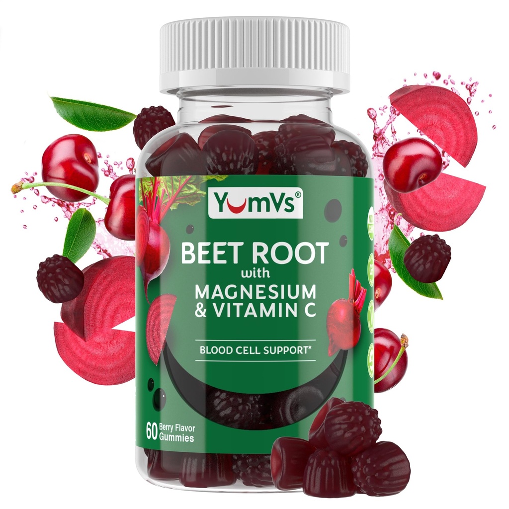 YumVs Beet Root Gummis mit Magnesium und Vitamin C - Berry Flavor Beetroot Gummies - Rübenkäse für Blutzirkulation und Antioxidans Unterstützung - Rote Rübe Gummy- Berry 60 Count (Pack mit 1)